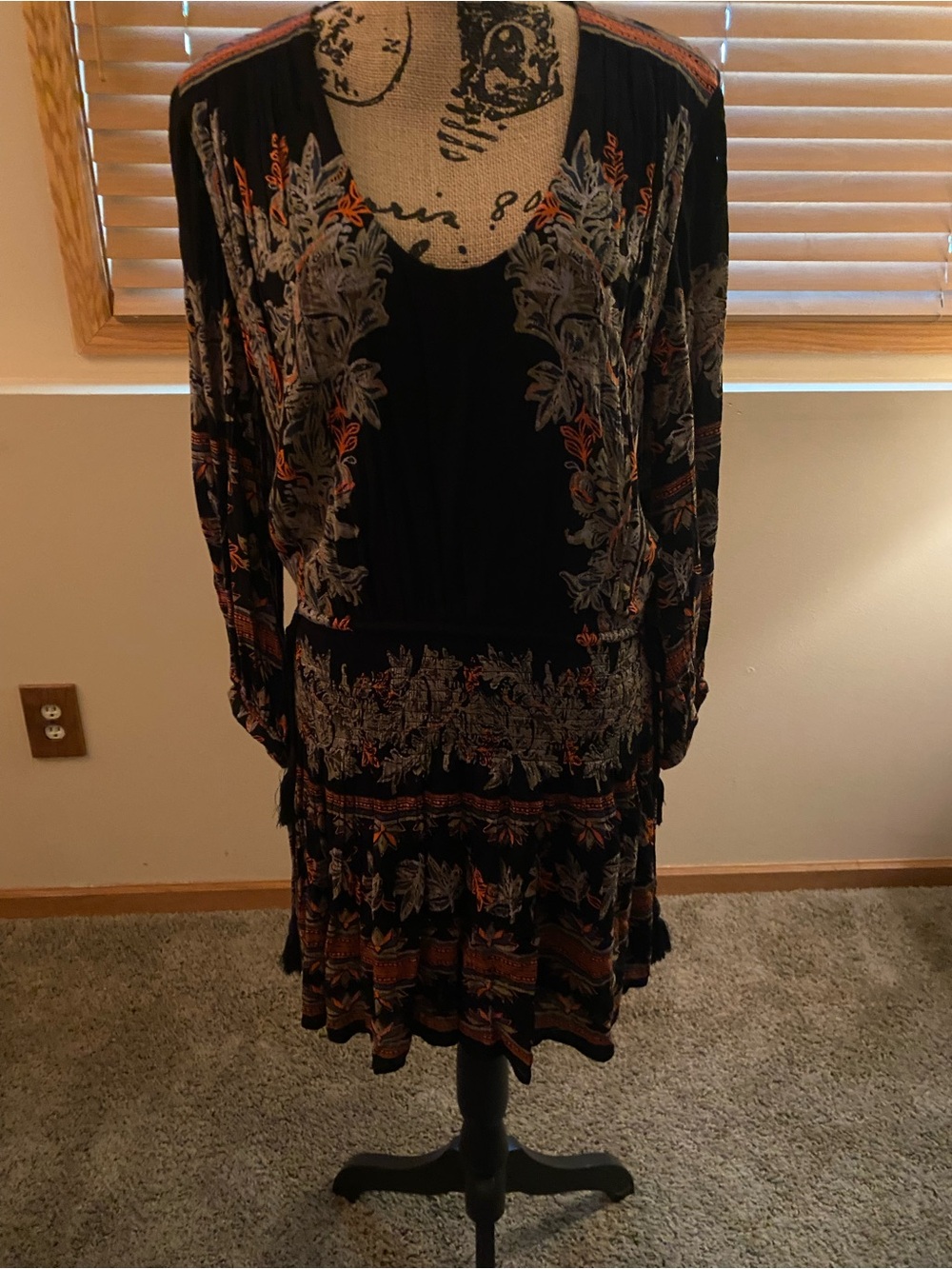 Free People Black Long Sleeve Embroidered Boho Dress with Rust and Gray Accents